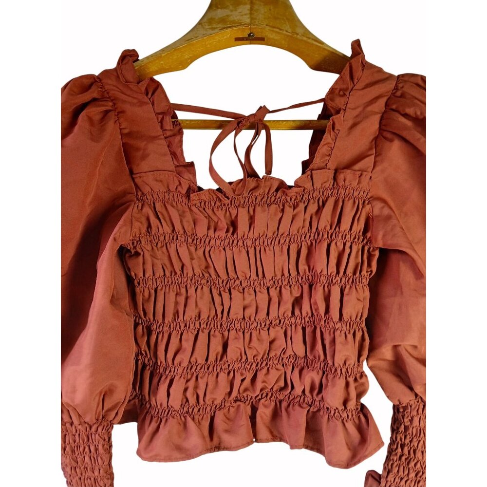Milk Honey Smocked Rust Orange Shirt Top Size M Puff Sleeve Ruffle Cropped - Picture 8 of 13